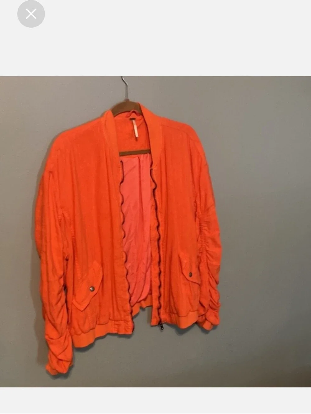 Free People Orange Ruched-Sleeve Bomber Jacket